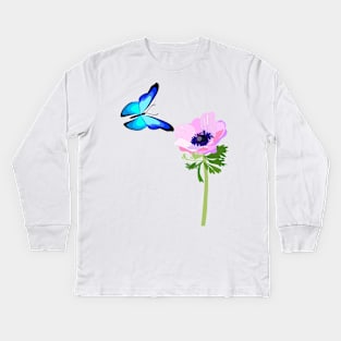 Blue butterfly and pink anemone flower Kids Long Sleeve T-Shirt